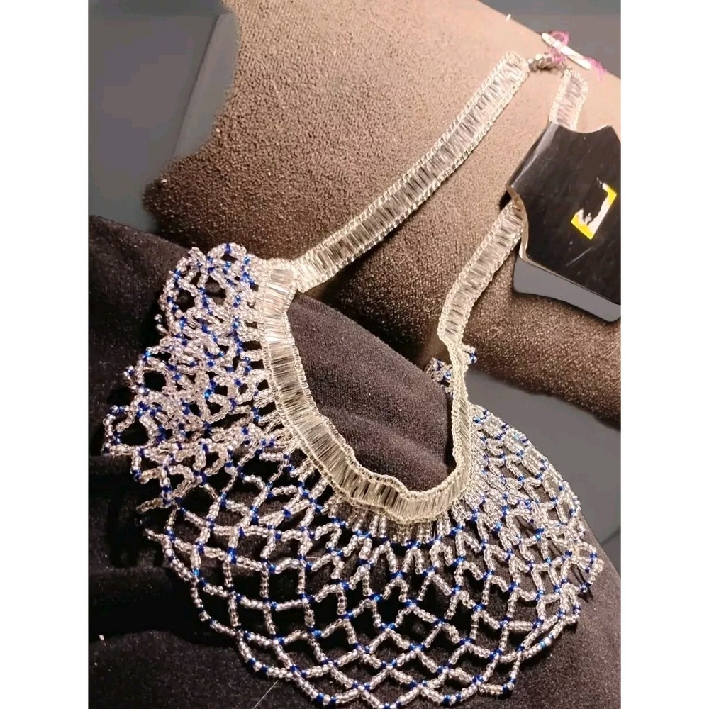Fine Beeded Necklace Choker Lace Ruffle White Blue Beautiful Crafted  Women NWT‎
